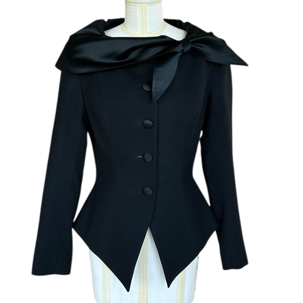 Vintage Saelee x Cache Black Wool Blazer Satin Bow Portrait Collar Jacket Size 8